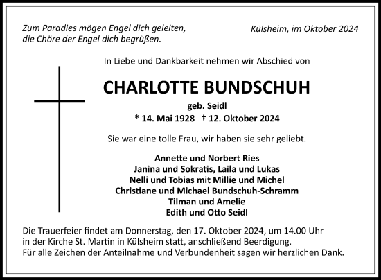 Traueranzeige von Charlotte Bundschuh von Fränkische Nachrichten