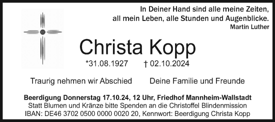 Traueranzeige von Christa Kopp von Mannheimer Morgen