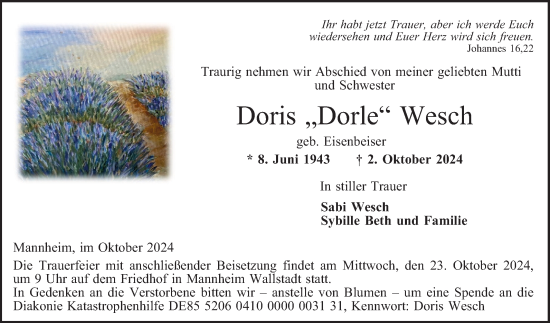 Traueranzeige von Doris Wesch von Mannheimer Morgen