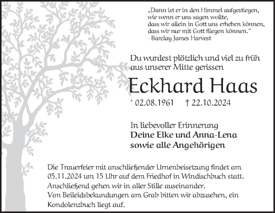 Traueranzeige von Eckhard Haas von Fränkische Nachrichten