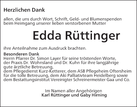 Traueranzeige von Edda Rüttinger von Schwetzinger Zeitung