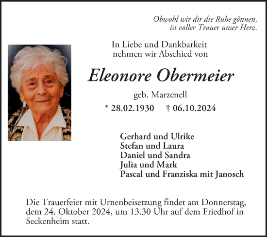 Traueranzeige von Eleonore Obermeier von Mannheimer Morgen