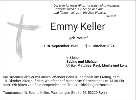 Traueranzeige von Emmy Keller von Mannheimer Morgen