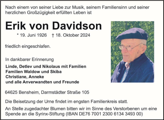 Traueranzeige von Erik von Davidson von Bergsträßer Anzeiger