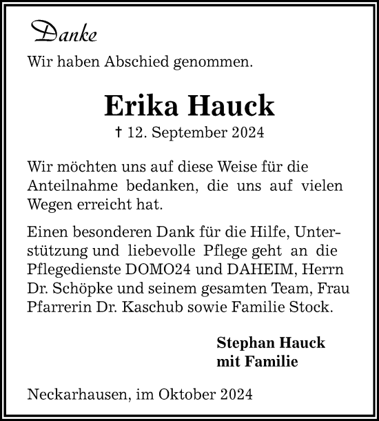 Traueranzeige von Erika Hauck von Mannheimer Morgen