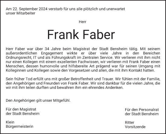 Traueranzeige von Frank Faber von Bergsträßer Anzeiger