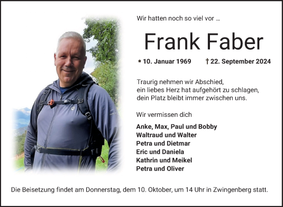 Traueranzeige von Frank Faber von Bergsträßer Anzeiger