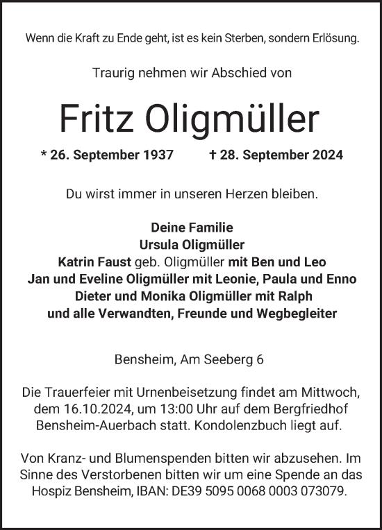 Traueranzeige von Fritz Oligmüller von Bergsträßer Anzeiger