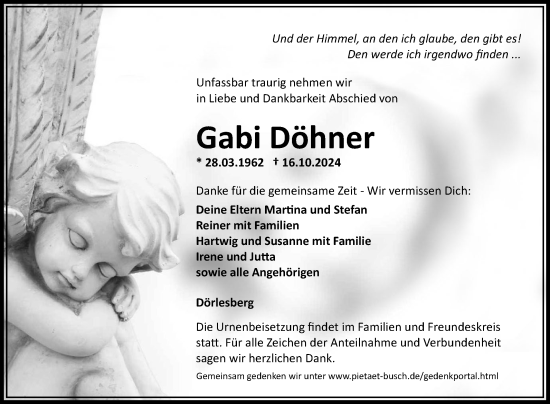 Traueranzeige von Gabi Döhner von Fränkische Nachrichten