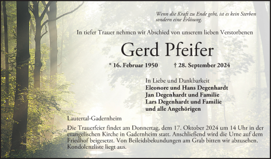 Traueranzeige von Gerd Pfeifer von Bergsträßer Anzeiger