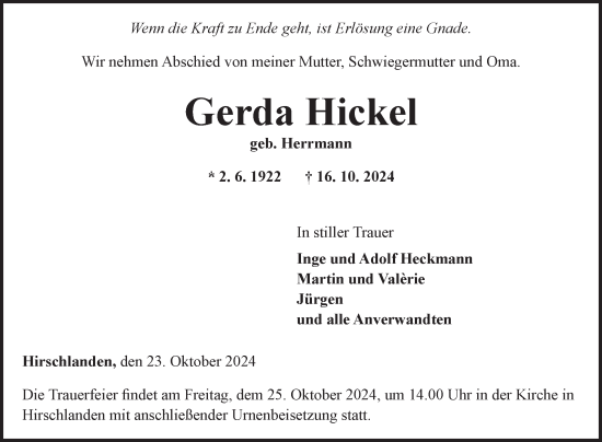 Traueranzeige von Gerda Hickel von Fränkische Nachrichten