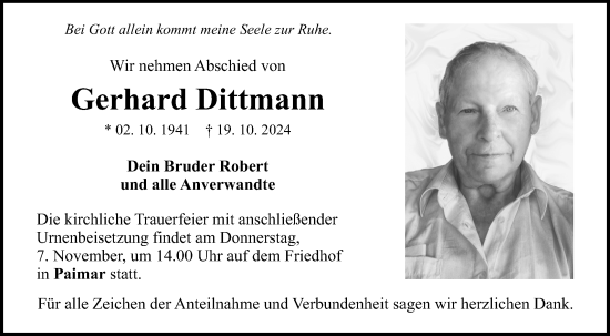 Traueranzeige von Gerhard Dittmann von Fränkische Nachrichten