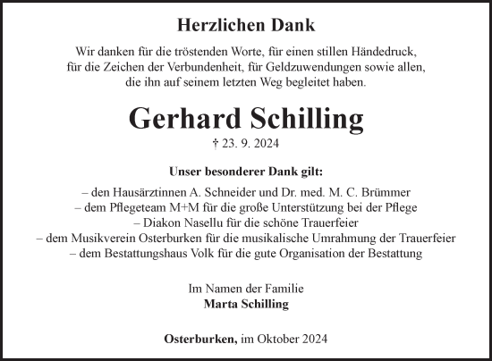 Traueranzeige von Gerhard Schilling von Fränkische Nachrichten