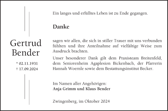 Traueranzeige von Gertrud Bender von Bergsträßer Anzeiger