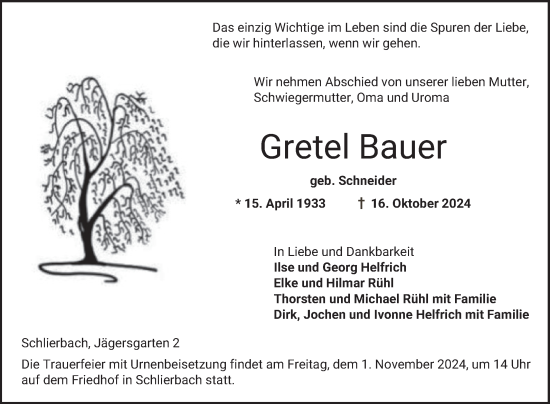 Traueranzeige von Gretel Bauer von Bergsträßer Anzeiger