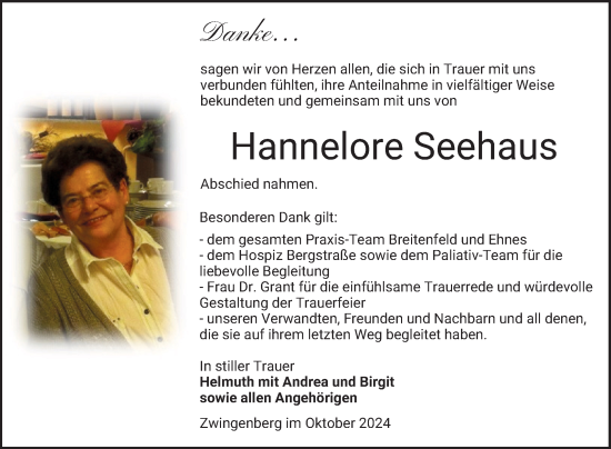 Traueranzeige von Hannelore Seehaus von Bergsträßer Anzeiger