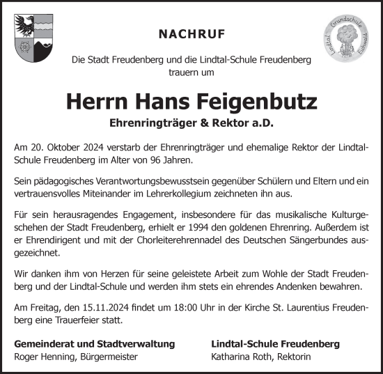 Traueranzeige von Hans Feigenbutz von Fränkische Nachrichten