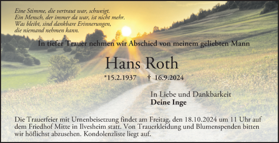 Traueranzeige von Hans Roth von Mannheimer Morgen