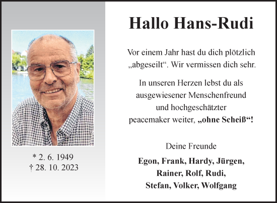 Traueranzeige von Hans-Rudi Beck von Fränkische Nachrichten