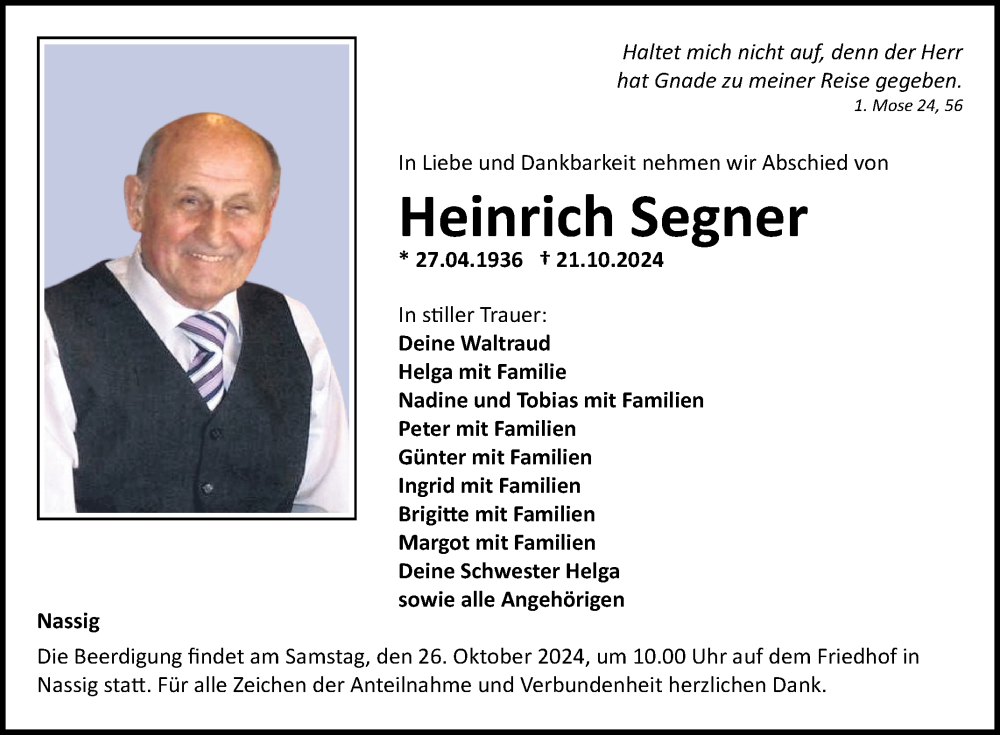  Traueranzeige für Heinrich Segner vom 24.10.2024 aus Fränkische Nachrichten