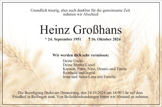 Traueranzeige von Heinz Großhans von Schwetzinger Zeitung