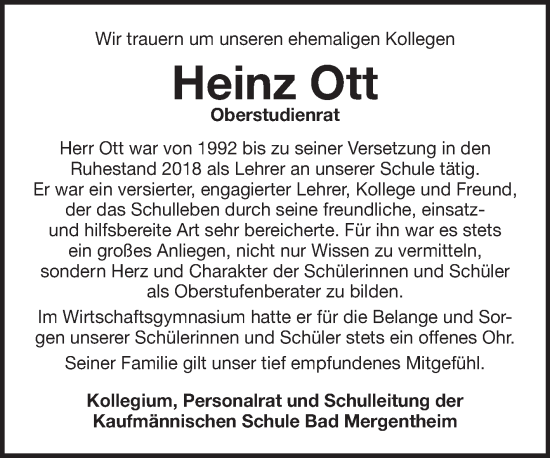 Traueranzeige von Heinz Ott von Fränkische Nachrichten