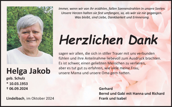 Traueranzeige von Helga Jakob von Fränkische Nachrichten