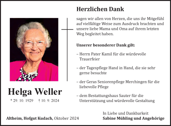 Traueranzeige von Helga Weller von Fränkische Nachrichten