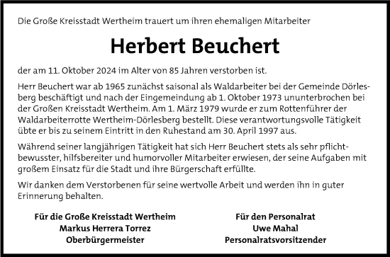 Traueranzeige von Herbert Beuchert von Fränkische Nachrichten