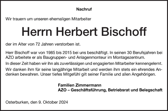 Traueranzeige von Herbert Bischoff von Fränkische Nachrichten