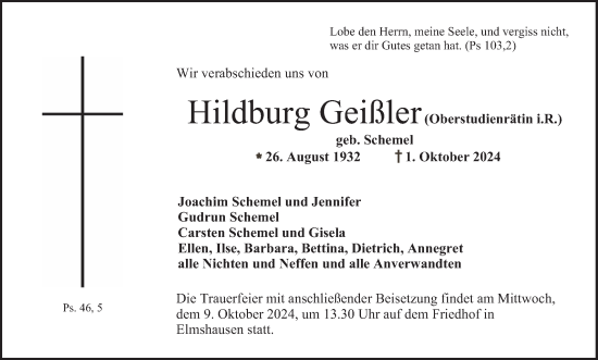 Traueranzeige von Hildburg Geißler von Bergsträßer Anzeiger