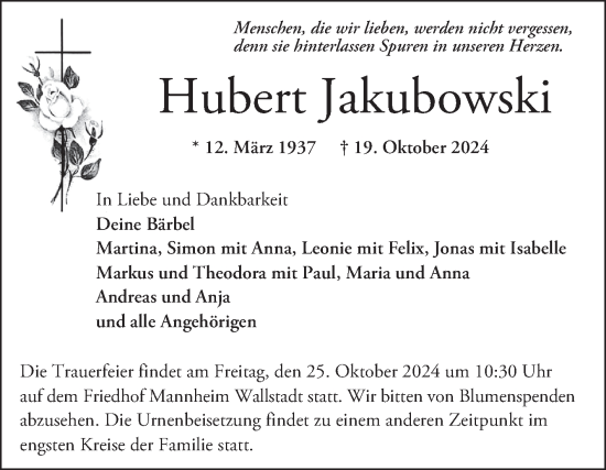 Traueranzeige von Hubert Jakubowski von Mannheimer Morgen