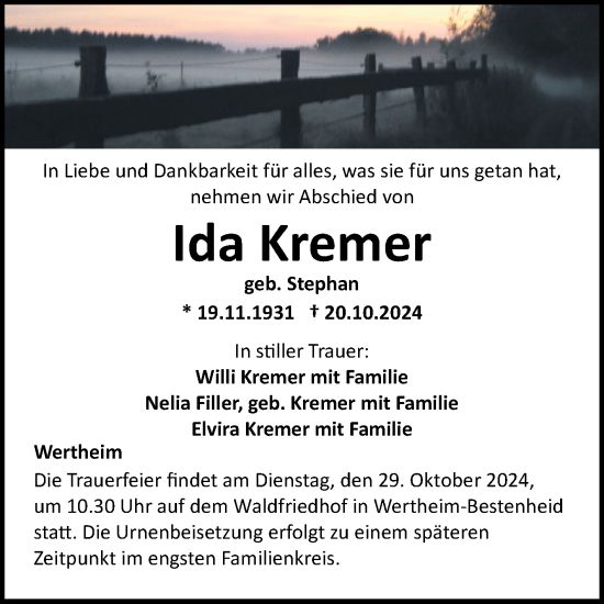 Traueranzeige von Ida Kremer von Fränkische Nachrichten