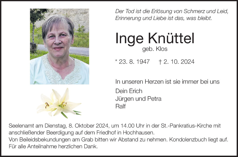  Traueranzeige für Inge Knüttel vom 05.10.2024 aus Fränkische Nachrichten