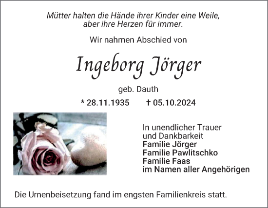 Traueranzeige von Ingeborg Jörger von Mannheimer Morgen