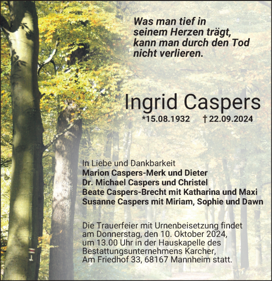 Traueranzeige von Ingrid Caspers von Mannheimer Morgen