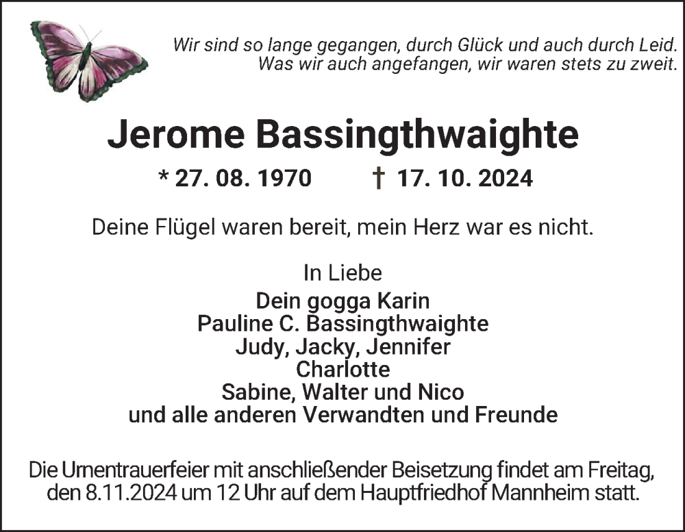  Traueranzeige für Jerome Bassingthwaighte vom 26.10.2024 aus Mannheimer Morgen