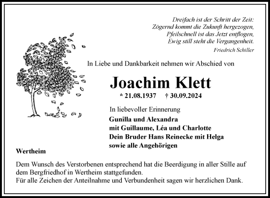 Traueranzeige von Joachim Klett von Fränkische Nachrichten