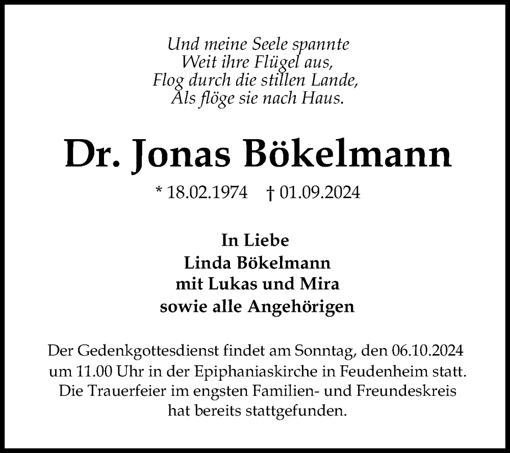  Traueranzeige für Jonas Bökelmann vom 04.10.2024 aus Mannheimer Morgen