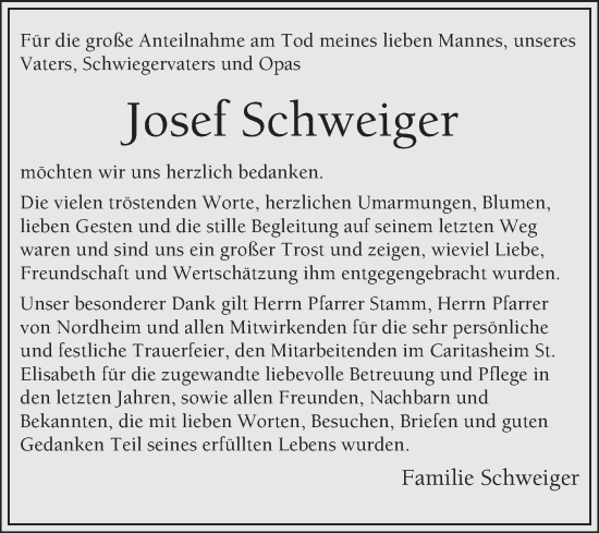 Traueranzeige von Josef Schweiger von Bergsträßer Anzeiger