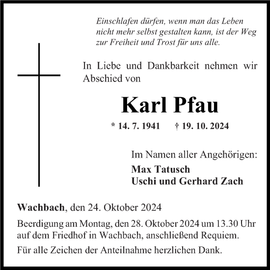 Traueranzeige von Karl Pfau von Fränkische Nachrichten