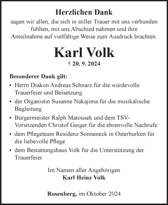 Traueranzeige von Karl Volk von Fränkische Nachrichten