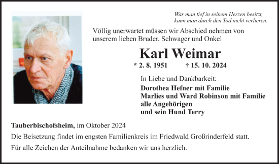 Traueranzeige von Karl Weimar von Fränkische Nachrichten