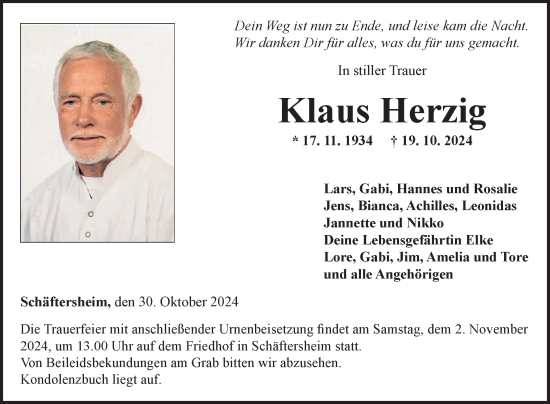 Traueranzeige von Klaus Herzig von Fränkische Nachrichten