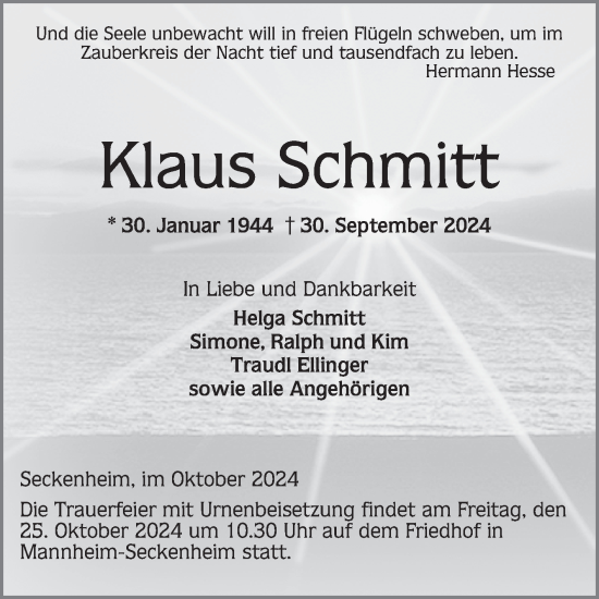 Traueranzeige von Klaus Schmitt von Mannheimer Morgen