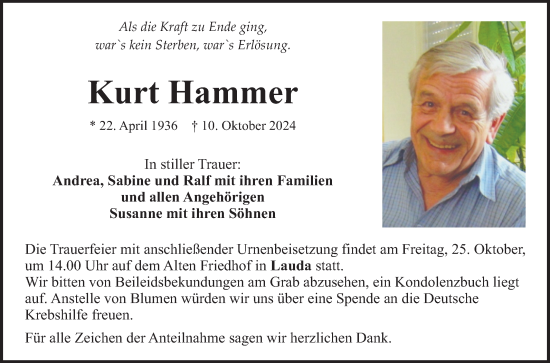 Traueranzeige von Kurt Hammer von Fränkische Nachrichten