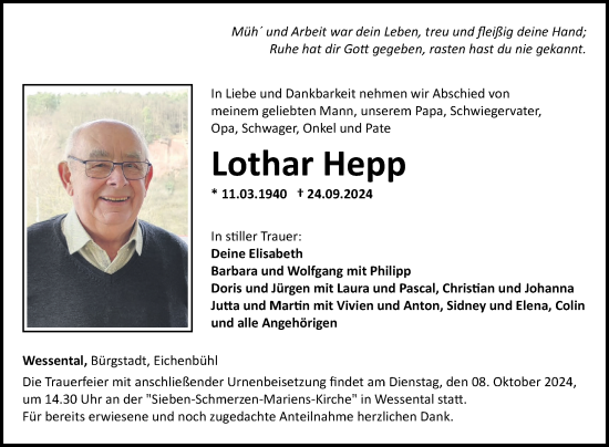 Traueranzeige von Lothar Hepp von Fränkische Nachrichten