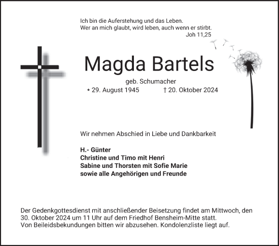 Traueranzeige von Magda Bartels von Bergsträßer Anzeiger