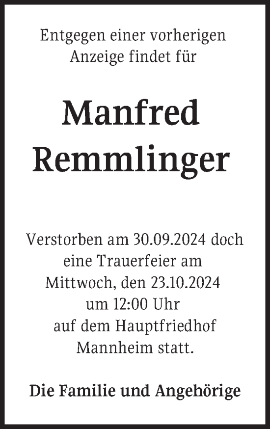 Traueranzeige von Manfred Remmlinger von Mannheimer Morgen