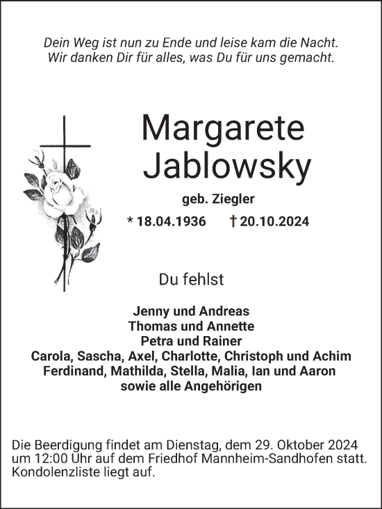 Traueranzeige von Margarete Jablowsky von Mannheimer Morgen